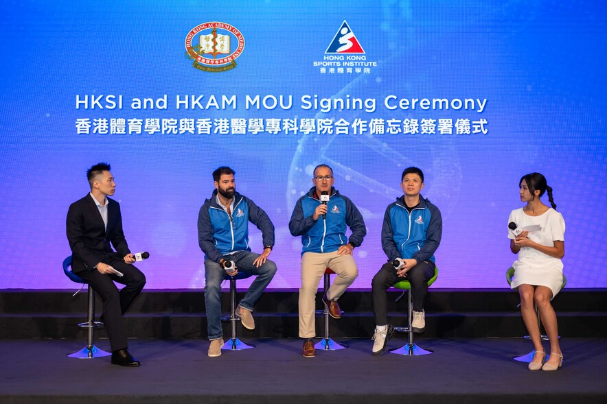 <p>(From left) Fencing coach Gregory Koenig, Head Rugby Coach Paul John and Head Badminton Coach Wong Choong Hann shared how sports medicine enhances the performance of athletes.</p>
